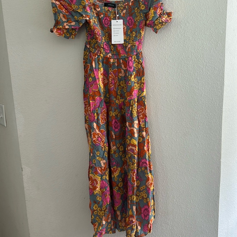Orange and Pink Puff Sleeve boho Sundress - Picture 9 of 12